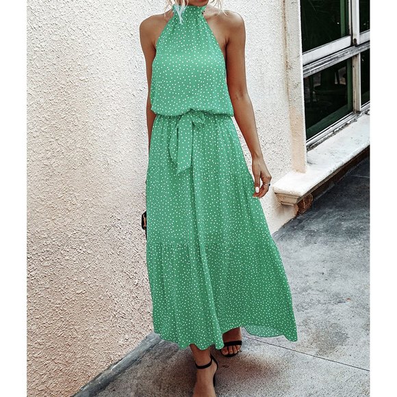 Green Polka Dot Halter Flounce Maxi Dress - Picture 6 of 8